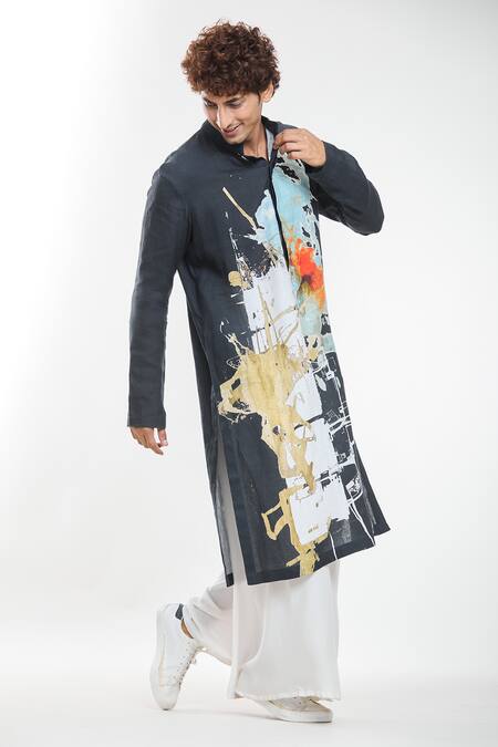 Anamika Khanna_Black Linen All-over Abstract Print Kurta _at_Aza_Fashions