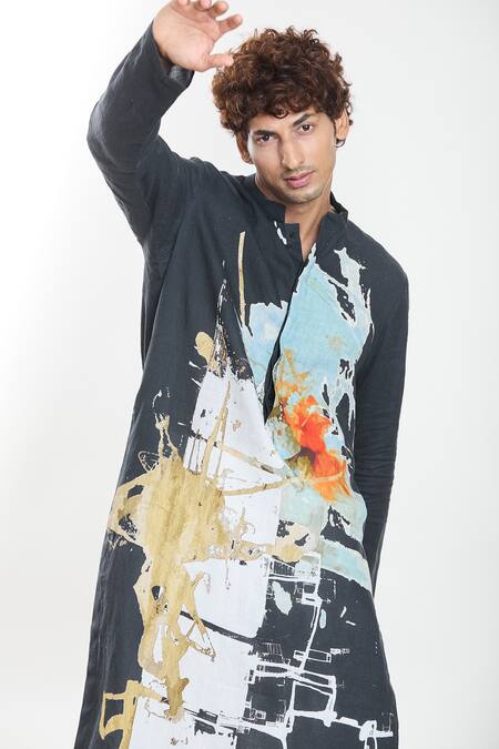 Buy_Anamika Khanna_Black Linen All-over Abstract Print Kurta 