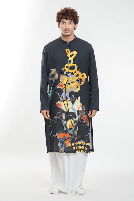 Anamika Khanna_Black Linen All-over Abstract Print Kurta _Online_at_Aza_Fashions