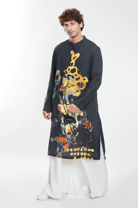 Buy_Anamika Khanna_Black Linen All-over Abstract Print Kurta _Online_at_Aza_Fashions