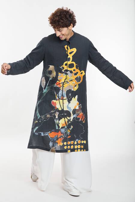 Shop_Anamika Khanna_Black Linen All-over Abstract Print Kurta _Online_at_Aza_Fashions