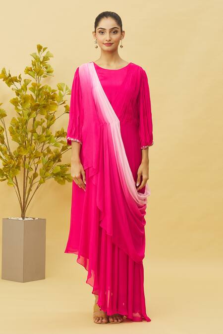 Samyukta Singhania Pink Chiffon, Silk Sequins, Zari, Embroidery Round Neck Shaded Draped Dress at Aza Fashions Samyukta Singhania_Pink Chiffon, Silk Sequins, Zari, Embroidery Round Neck Shaded Draped Dress_at_Aza_Fashions