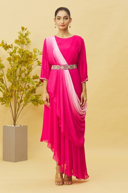 Samyukta Singhania Pink Chiffon, Silk Sequins, Zari, Embroidery Round Neck Shaded Draped Dress Online at Aza Fashions Samyukta Singhania_Pink Chiffon, Silk Sequins, Zari, Embroidery Round Neck Shaded Draped Dress_Online_at_Aza_Fashions