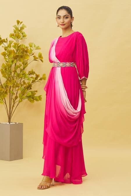Buy Samyukta Singhania Pink Chiffon, Silk Sequins, Zari, Embroidery Round Neck Shaded Draped Dress Online at Aza Fashions Buy_Samyukta Singhania_Pink Chiffon, Silk Sequins, Zari, Embroidery Round Neck Shaded Draped Dress_Online_at_Aza_Fashions