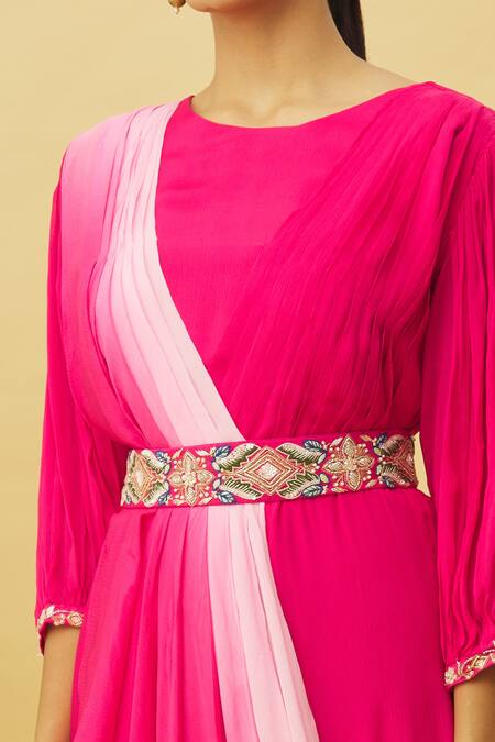 Shop Samyukta Singhania Pink Chiffon, Silk Sequins, Zari, Embroidery Round Neck Shaded Draped Dress Online at Aza Fashions Shop_Samyukta Singhania_Pink Chiffon, Silk Sequins, Zari, Embroidery Round Neck Shaded Draped Dress_Online_at_Aza_Fashions