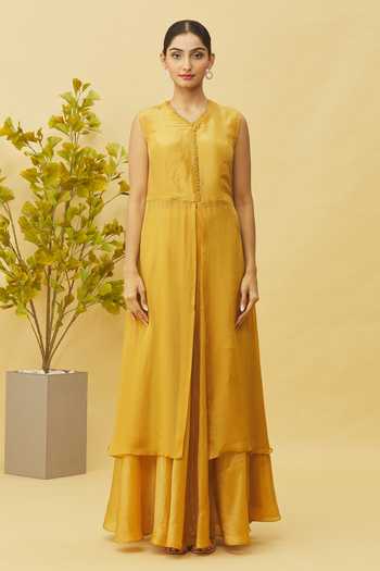 Samyukta Singhania_Yellow Viscose, Oxford Cut Work, Sequins Cutdana Embellished Jacket Skirt Set_at_Aza_Fashions