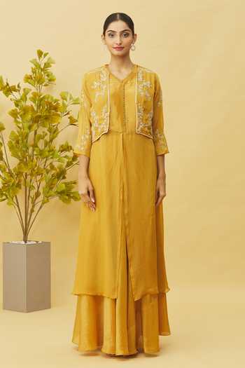 Buy_Samyukta Singhania_Yellow Viscose, Oxford Cut Work, Sequins Cutdana Embellished Jacket Skirt Set_Online_at_Aza_Fashions