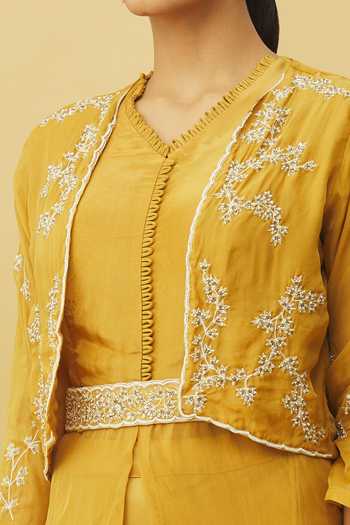 Shop_Samyukta Singhania_Yellow Viscose, Oxford Cut Work, Sequins Cutdana Embellished Jacket Skirt Set_Online_at_Aza_Fashions