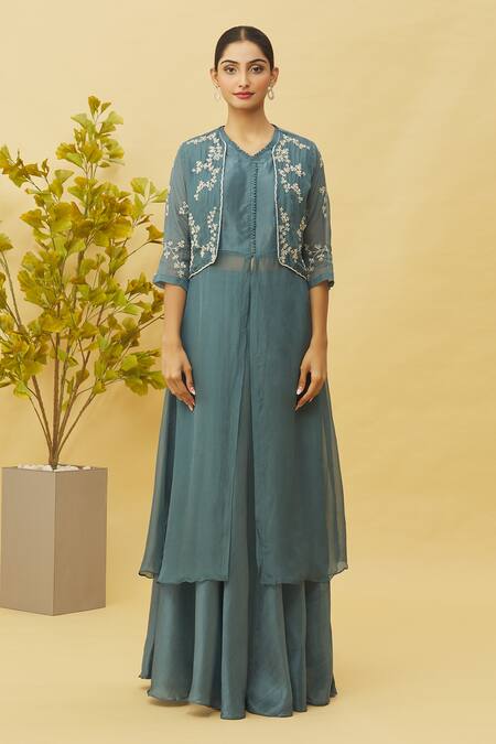 Buy Samyukta Singhania Blue Viscose, Oxford Cut Work, Floral Bel Embellished Jacket Skirt Set Online at Aza Fashions Buy_Samyukta Singhania_Blue Viscose, Oxford Cut Work, Floral Bel Embellished Jacket Skirt Set_Online_at_Aza_Fashions
