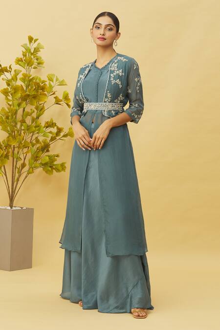 Shop Samyukta Singhania Blue Viscose, Oxford Cut Work, Floral Bel Embellished Jacket Skirt Set Online at Aza Fashions Shop_Samyukta Singhania_Blue Viscose, Oxford Cut Work, Floral Bel Embellished Jacket Skirt Set_Online_at_Aza_Fashions