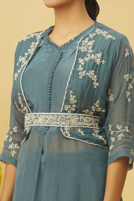 Samyukta Singhania Blue Viscose, Oxford Cut Work, Floral Bel Embellished Jacket Skirt Set at Aza Fashions Samyukta Singhania_Blue Viscose, Oxford Cut Work, Floral Bel Embellished Jacket Skirt Set_at_Aza_Fashions