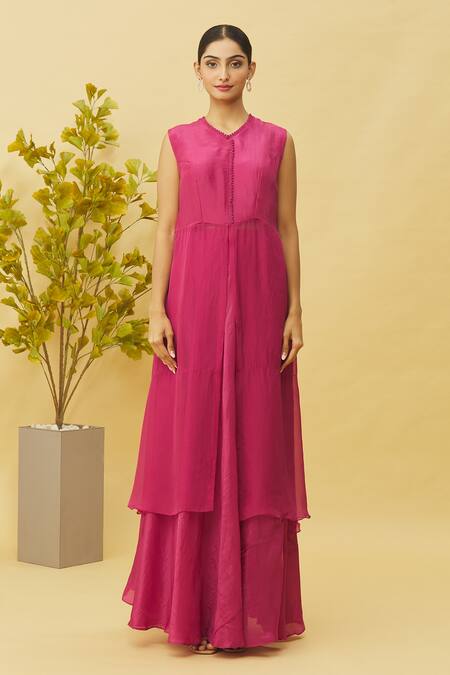 Samyukta Singhania_Magenta Viscose, Oxford Cut Work, Embroidery, Floral Cutdana Jacket Skirt Set_at_Aza_Fashions