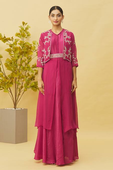 Buy_Samyukta Singhania_Magenta Viscose, Oxford Cut Work, Embroidery, Floral Cutdana Jacket Skirt Set_Online_at_Aza_Fashions