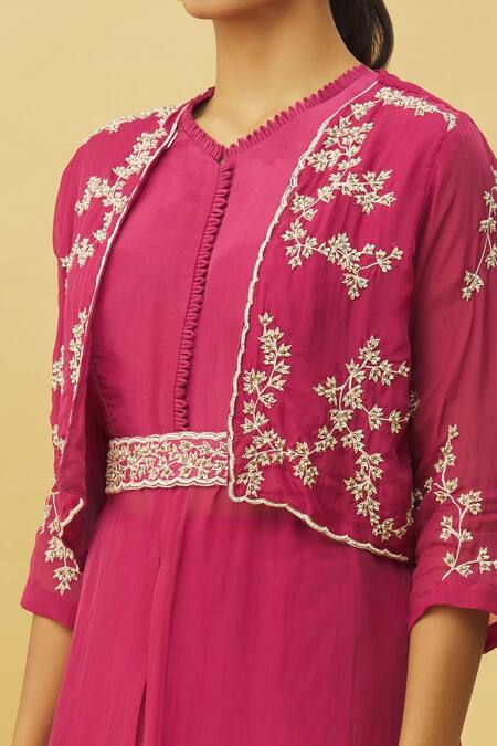 Shop_Samyukta Singhania_Magenta Viscose, Oxford Cut Work, Embroidery, Floral Cutdana Jacket Skirt Set_Online_at_Aza_Fashions