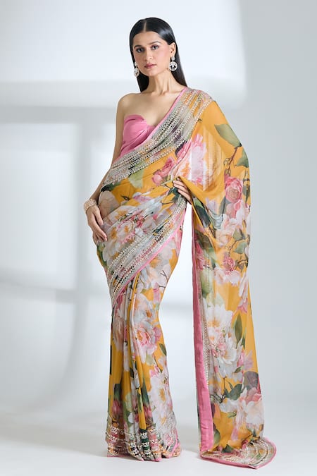 Anushree Reddy_Yellow Chiffon, Silk Sequins Floral Print Saree With Unstitched Blouse Piece _Online_at_Aza_Fashions
