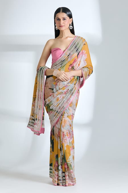 Buy_Anushree Reddy_Yellow Chiffon, Silk Sequins Floral Print Saree With Unstitched Blouse Piece _Online_at_Aza_Fashions