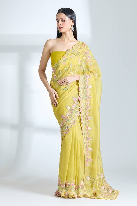 Anushree Reddy_Yellow Organza Embroidery Tutty Fruity Saree With Unstitched Blouse Piece _Online_at_Aza_Fashions