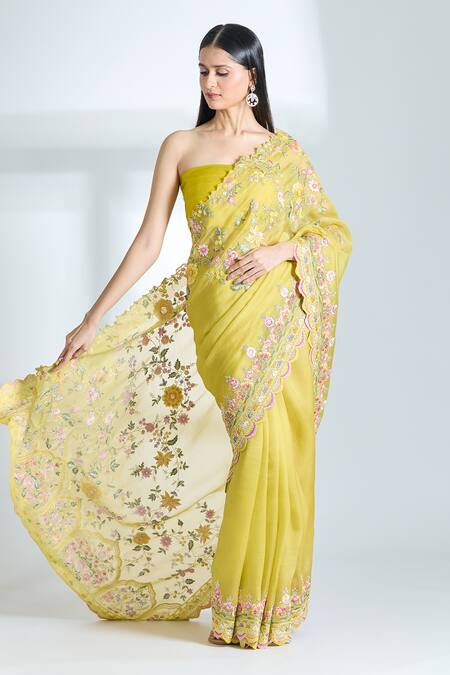 Buy_Anushree Reddy_Yellow Organza Embroidery Tutty Fruity Saree With Unstitched Blouse Piece _Online_at_Aza_Fashions