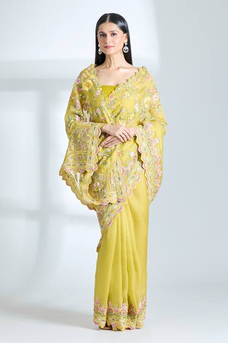 Shop_Anushree Reddy_Yellow Organza Embroidery Tutty Fruity Saree With Unstitched Blouse Piece _Online_at_Aza_Fashions