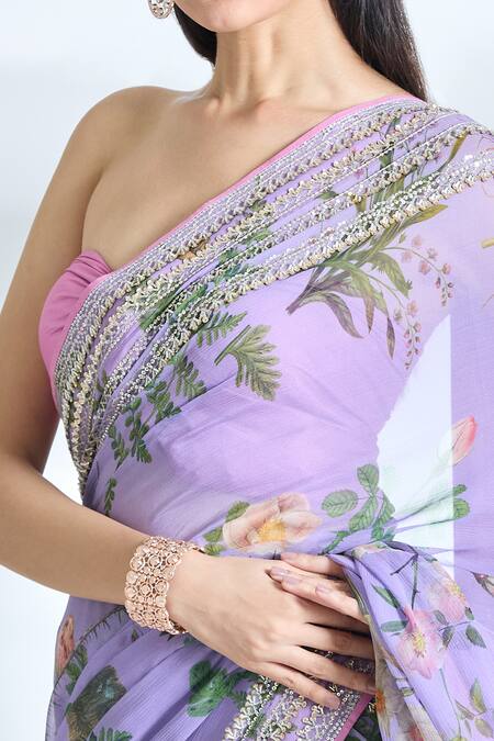 Anushree Reddy_Purple Chiffon Embroidery Floral Print Saree With Unstitched Blouse Piece _Online_at_Aza_Fashions
