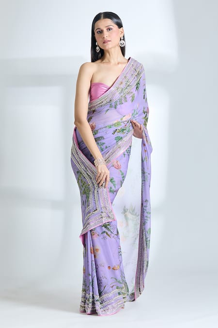 Shop_Anushree Reddy_Purple Chiffon Embroidery Floral Print Saree With Unstitched Blouse Piece _Online_at_Aza_Fashions