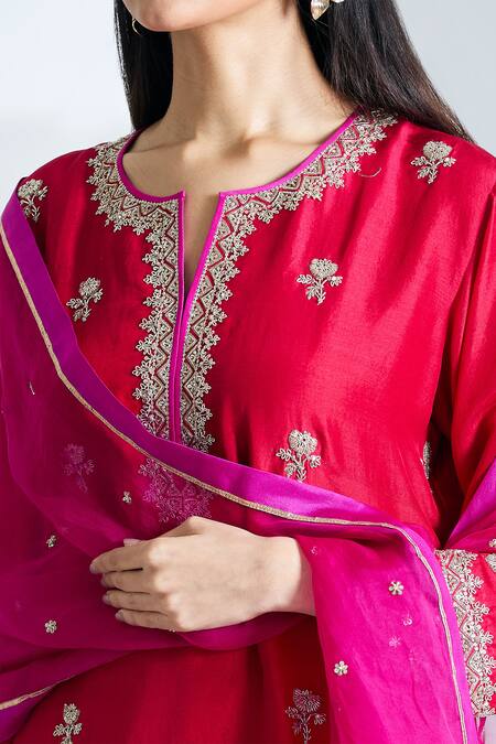 Buy_Anushree Reddy_Red Silk, Chiffon Embroidery Split V-neck Floral Kurta Pant Set_Online_at_Aza_Fashions