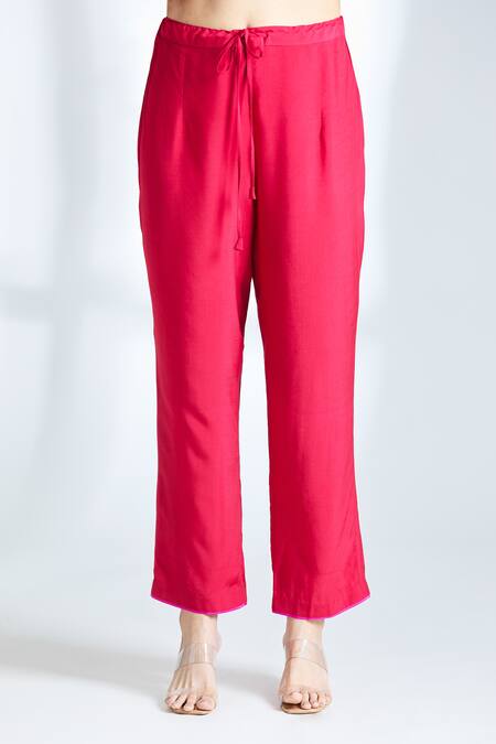 Shop_Anushree Reddy_Red Silk, Chiffon Embroidery Split V-neck Floral Kurta Pant Set_Online_at_Aza_Fashions