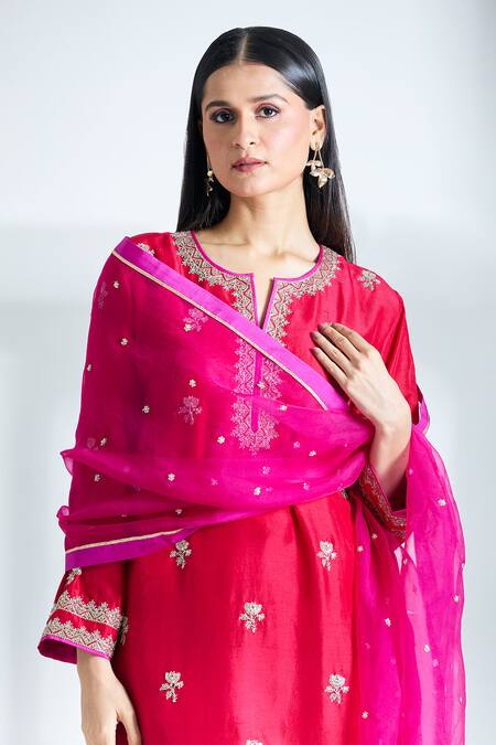 Buy_Anushree Reddy_Red Silk, Chiffon Embroidery Split V-neck Floral Kurta Pant Set