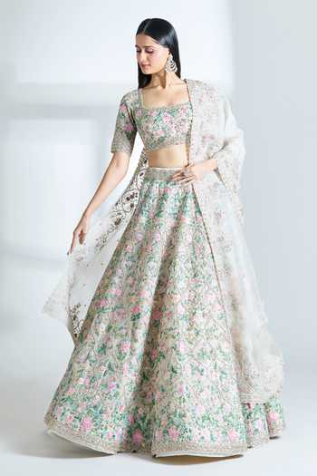 Embellished Crop Top Lehenga Set with Digital Mughal inspired Floral Prints