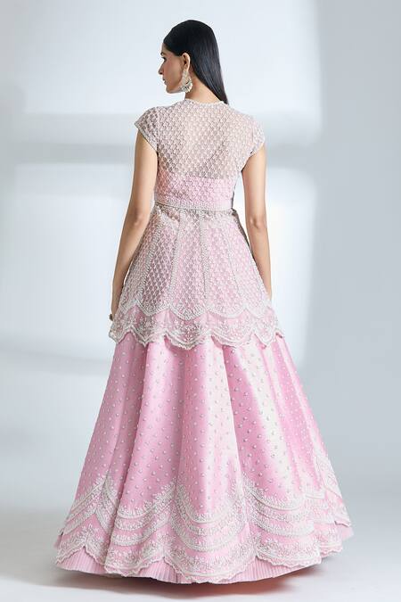 Shop Anushree Reddy Pink Net Pearls, Sequins V-neck Mughal Embroidered Jacket And Lehenga Set at Aza Fashions Shop_Anushree Reddy_Pink Net Pearls, Sequins V-neck Mughal Embroidered Jacket And Lehenga Set_at_Aza_Fashions