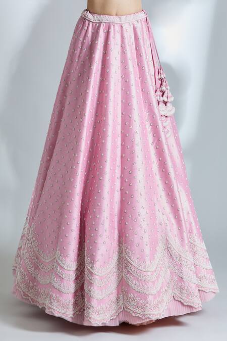 Anushree Reddy Pink Net Pearls, Sequins V-neck Mughal Embroidered Jacket And Lehenga Set Online at Aza Fashions Anushree Reddy_Pink Net Pearls, Sequins V-neck Mughal Embroidered Jacket And Lehenga Set_Online_at_Aza_Fashions