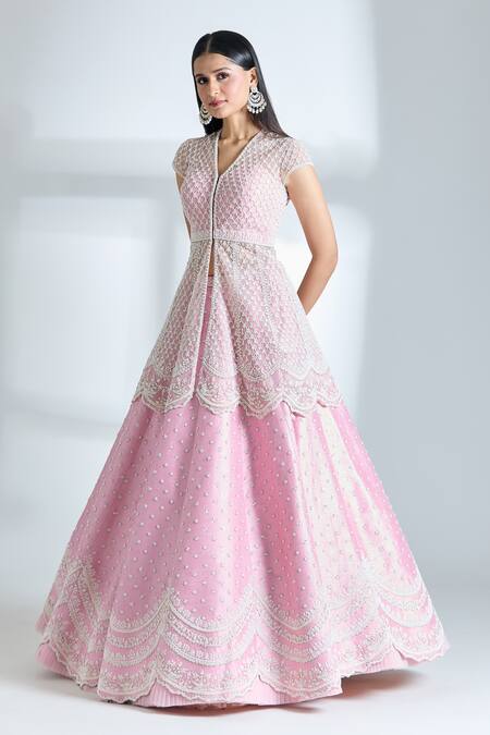 Buy Anushree Reddy Pink Net Pearls, Sequins V-neck Mughal Embroidered Jacket And Lehenga Set Online at Aza Fashions Buy_Anushree Reddy_Pink Net Pearls, Sequins V-neck Mughal Embroidered Jacket And Lehenga Set_Online_at_Aza_Fashions