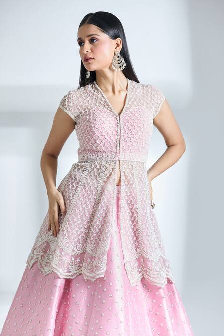 Shop Anushree Reddy Pink Net Pearls, Sequins V-neck Mughal Embroidered Jacket And Lehenga Set Online at Aza Fashions Shop_Anushree Reddy_Pink Net Pearls, Sequins V-neck Mughal Embroidered Jacket And Lehenga Set_Online_at_Aza_Fashions