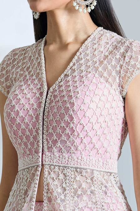 Anushree Reddy Pink Net Pearls, Sequins V-neck Mughal Embroidered Jacket And Lehenga Set at Aza Fashions Anushree Reddy_Pink Net Pearls, Sequins V-neck Mughal Embroidered Jacket And Lehenga Set_at_Aza_Fashions