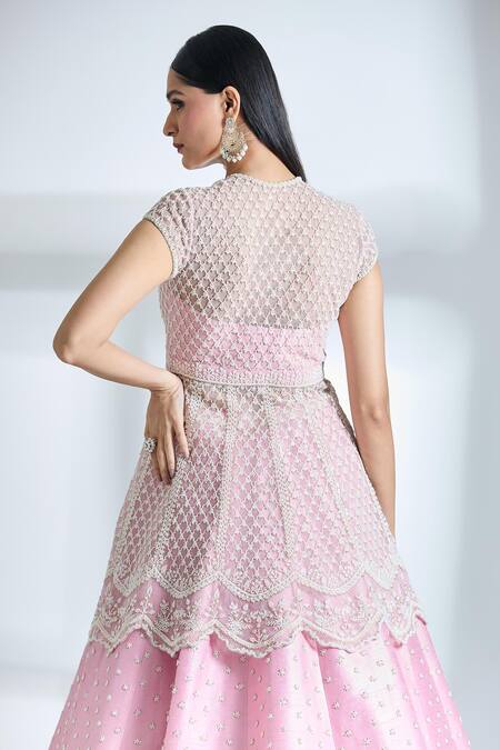 Buy Anushree Reddy Pink Net Pearls, Sequins V-neck Mughal Embroidered Jacket And Lehenga Set Buy_Anushree Reddy_Pink Net Pearls, Sequins V-neck Mughal Embroidered Jacket And Lehenga Set