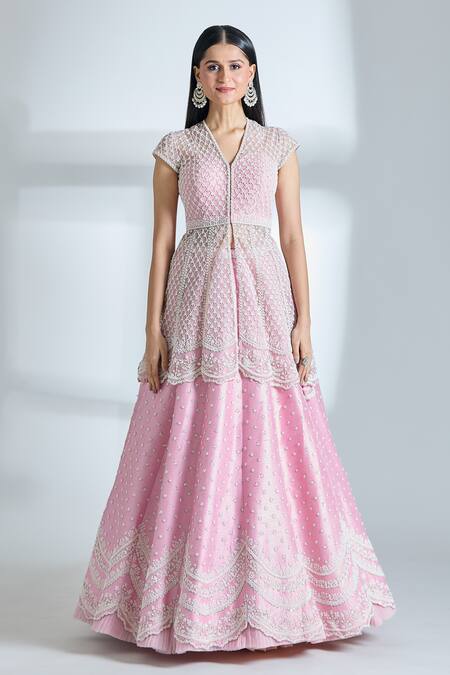 Shop Anushree Reddy Pink Net Pearls, Sequins V-neck Mughal Embroidered Jacket And Lehenga Set Shop_Anushree Reddy_Pink Net Pearls, Sequins V-neck Mughal Embroidered Jacket And Lehenga Set