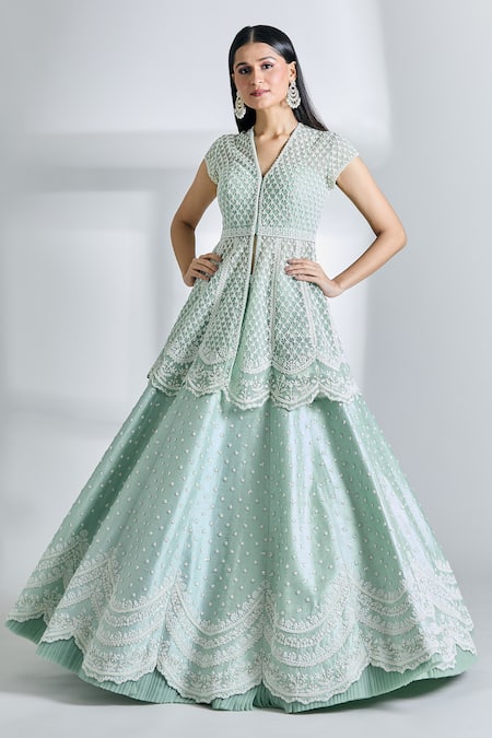 Buy Anushree Reddy Green Net Pearls, Sequins V-neck Mughal Embroidered Peplum Jacket And Lehenga Set at Aza Fashions Buy_Anushree Reddy_Green Net Pearls, Sequins V-neck Mughal Embroidered Peplum Jacket And Lehenga Set_at_Aza_Fashions