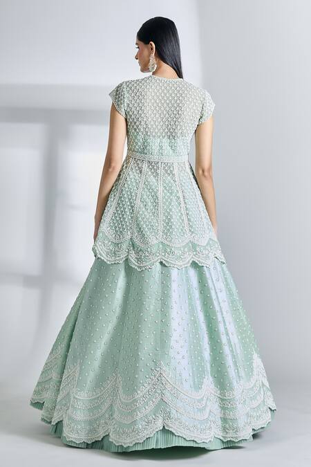Shop Anushree Reddy Green Net Pearls, Sequins V-neck Mughal Embroidered Peplum Jacket And Lehenga Set at Aza Fashions Shop_Anushree Reddy_Green Net Pearls, Sequins V-neck Mughal Embroidered Peplum Jacket And Lehenga Set_at_Aza_Fashions