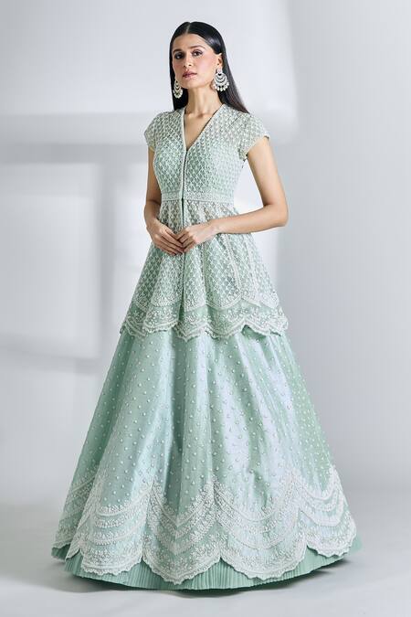 Anushree Reddy Green Net Pearls, Sequins V-neck Mughal Embroidered Peplum Jacket And Lehenga Set Online at Aza Fashions Anushree Reddy_Green Net Pearls, Sequins V-neck Mughal Embroidered Peplum Jacket And Lehenga Set_Online_at_Aza_Fashions