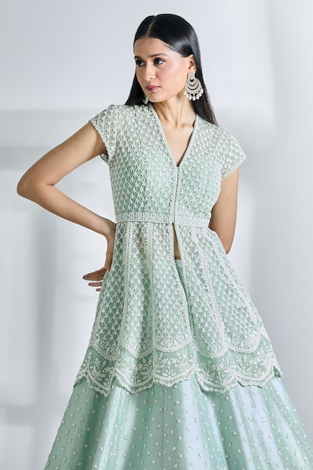 Buy Anushree Reddy Green Net Pearls, Sequins V-neck Mughal Embroidered Peplum Jacket And Lehenga Set Online at Aza Fashions Buy_Anushree Reddy_Green Net Pearls, Sequins V-neck Mughal Embroidered Peplum Jacket And Lehenga Set_Online_at_Aza_Fashions