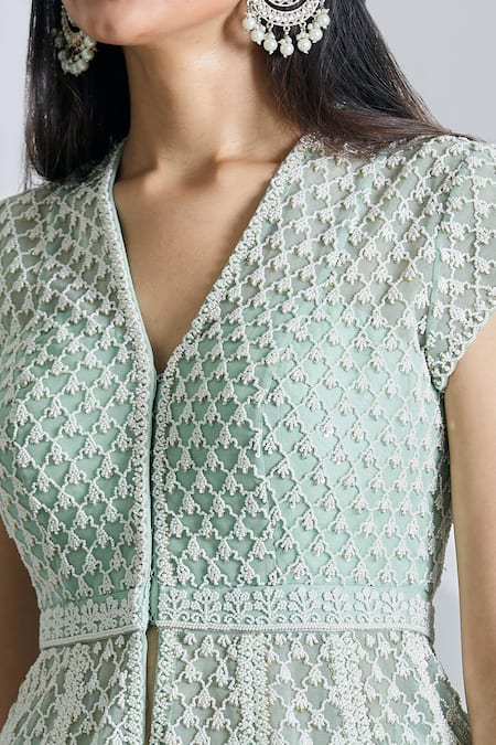 Shop Anushree Reddy Green Net Pearls, Sequins V-neck Mughal Embroidered Peplum Jacket And Lehenga Set Online at Aza Fashions Shop_Anushree Reddy_Green Net Pearls, Sequins V-neck Mughal Embroidered Peplum Jacket And Lehenga Set_Online_at_Aza_Fashions