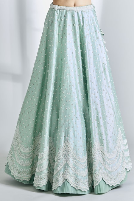 Anushree Reddy Green Net Pearls, Sequins V-neck Mughal Embroidered Peplum Jacket And Lehenga Set at Aza Fashions Anushree Reddy_Green Net Pearls, Sequins V-neck Mughal Embroidered Peplum Jacket And Lehenga Set_at_Aza_Fashions