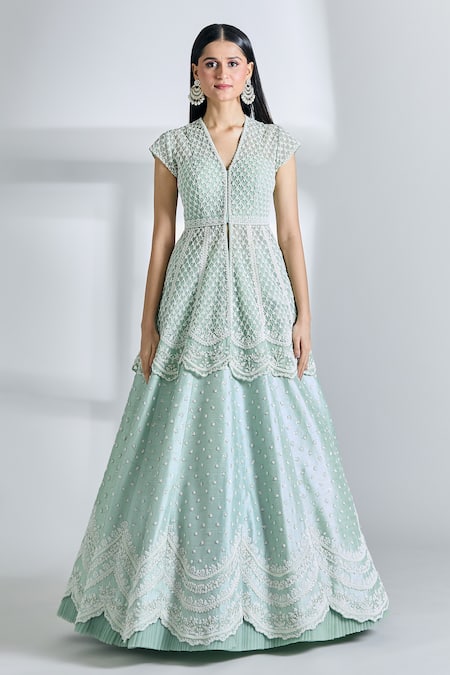 Buy Anushree Reddy Green Net Pearls, Sequins V-neck Mughal Embroidered Peplum Jacket And Lehenga Set Buy_Anushree Reddy_Green Net Pearls, Sequins V-neck Mughal Embroidered Peplum Jacket And Lehenga Set