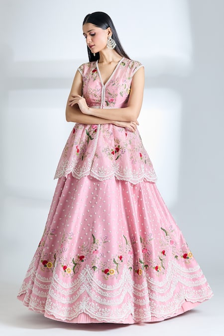 Anushree Reddy Pink Raw Silk Embroidered Pearl V Neck Airah Peplum Jacket And Lehenga Set 