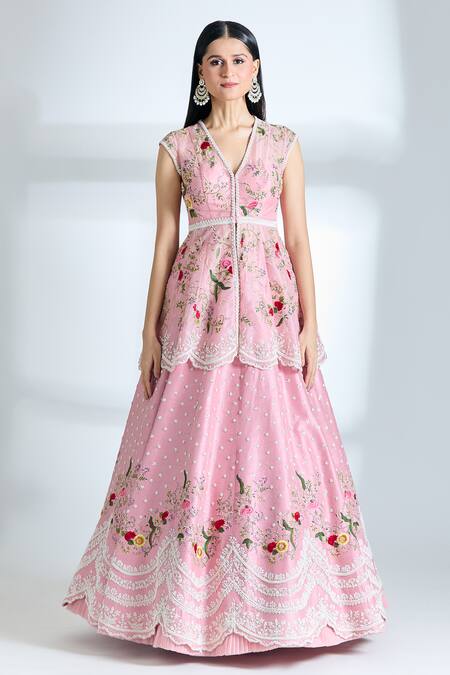 Anushree Reddy_Pink Raw Silk Embroidered Pearl V Neck Airah Peplum Jacket And Lehenga Set _Online_at_Aza_Fashions