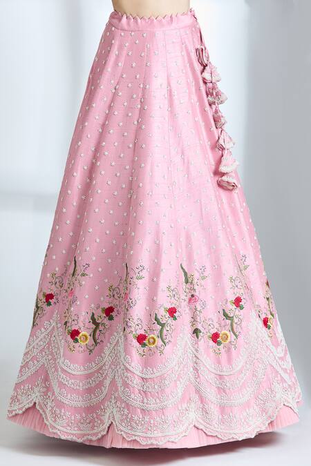 Buy_Anushree Reddy_Pink Raw Silk Embroidered Pearl V Neck Airah Peplum Jacket And Lehenga Set _Online_at_Aza_Fashions