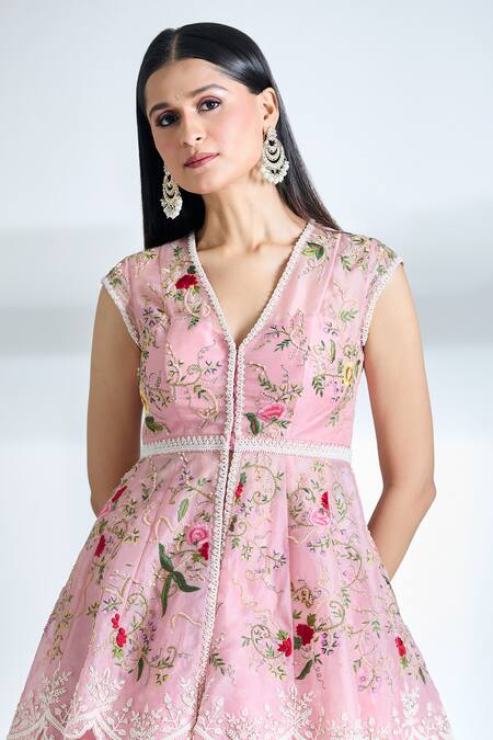 Anushree Reddy_Pink Raw Silk Embroidered Pearl V Neck Airah Peplum Jacket And Lehenga Set _at_Aza_Fashions