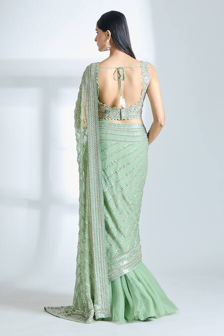 Shop Anushree Reddy Green Chiffon Sequins, Cut Work, Embroidery Square Pre-draped Saree With Blouse at Aza Fashions Shop_Anushree Reddy_Green Chiffon Sequins, Cut Work, Embroidery Square Pre-draped Saree With Blouse_at_Aza_Fashions