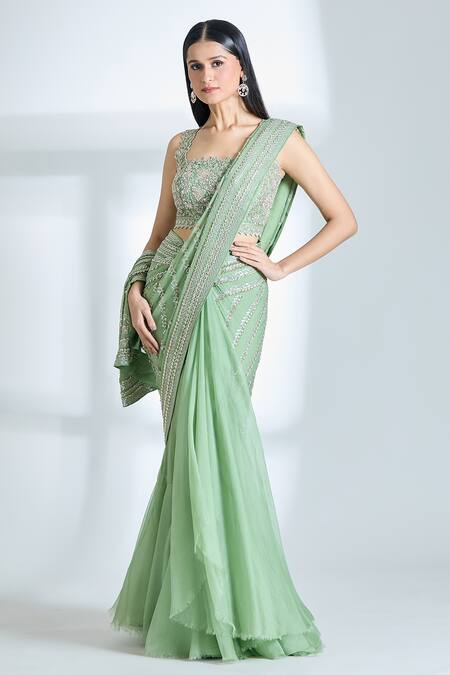 Anushree Reddy Green Chiffon Sequins, Cut Work, Embroidery Square Pre-draped Saree With Blouse Online at Aza Fashions Anushree Reddy_Green Chiffon Sequins, Cut Work, Embroidery Square Pre-draped Saree With Blouse_Online_at_Aza_Fashions