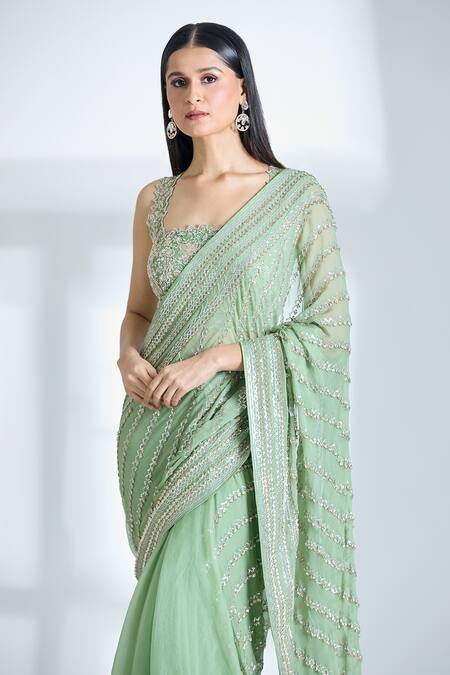 Shop Anushree Reddy Green Chiffon Sequins, Cut Work, Embroidery Square Pre-draped Saree With Blouse Online at Aza Fashions Shop_Anushree Reddy_Green Chiffon Sequins, Cut Work, Embroidery Square Pre-draped Saree With Blouse_Online_at_Aza_Fashions
